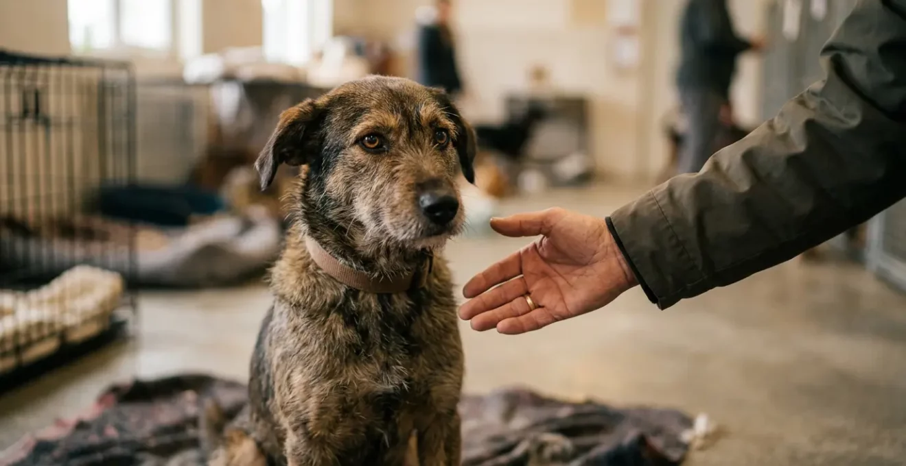 Moment d'adoption d'un chien adulte dans un refuge, connexion émotionnelle entre l'animal et son futur adoptant