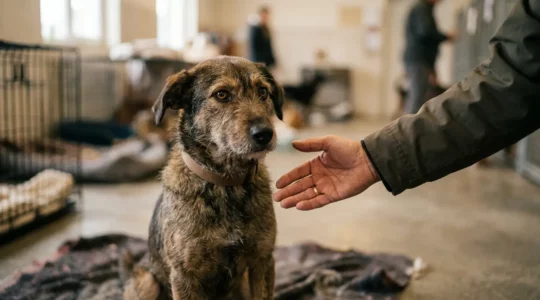 Moment d'adoption d'un chien adulte dans un refuge, connexion émotionnelle entre l'animal et son futur adoptant