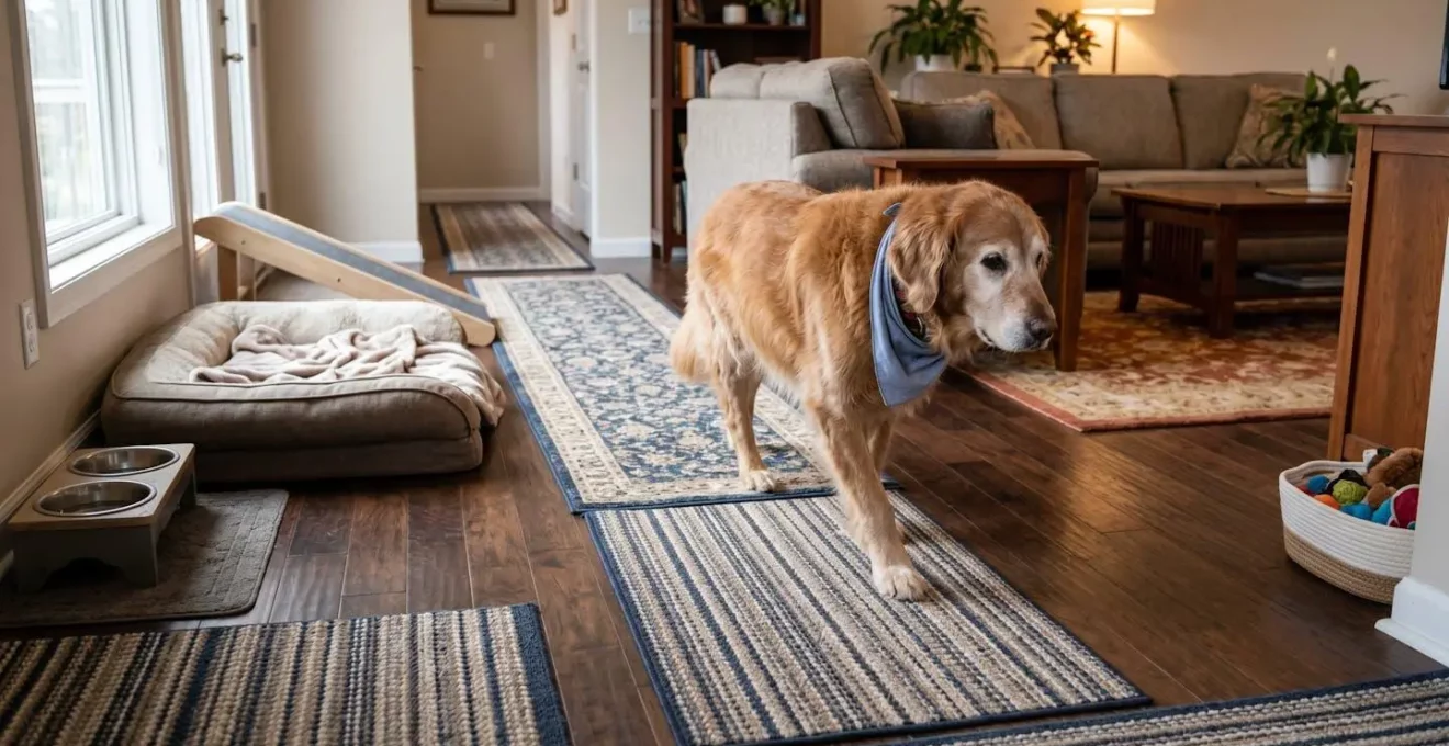 Aménagement d'un intérieur avec tapis antidérapants pour faciliter la mobilité d'un chien âgé