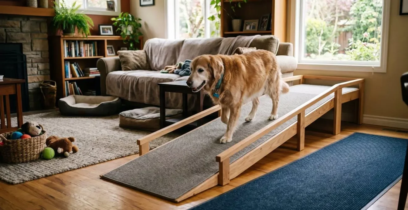 Intérieur de maison aménagé avec rampe douce et tapis antidérapants pour chien âgé