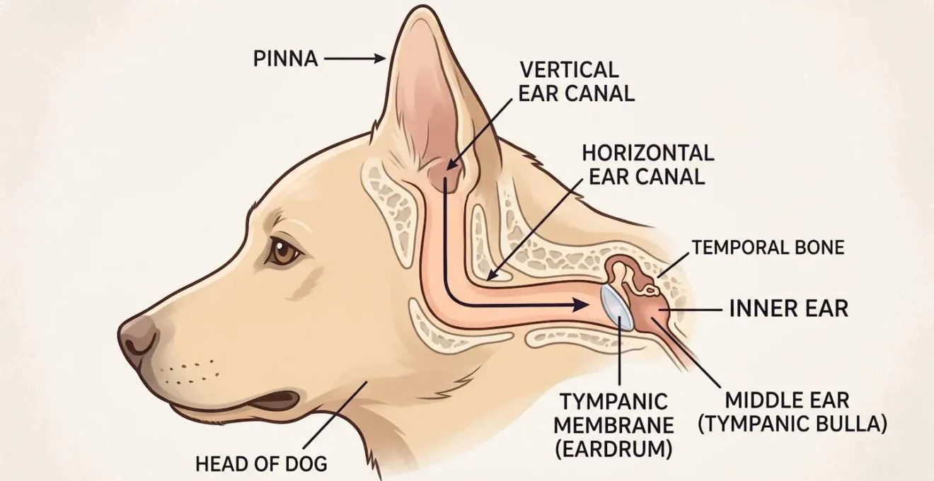 Représentation simplifiée de l'anatomie du conduit auditif en forme de L chez le chien montrant la partie verticale et horizontale