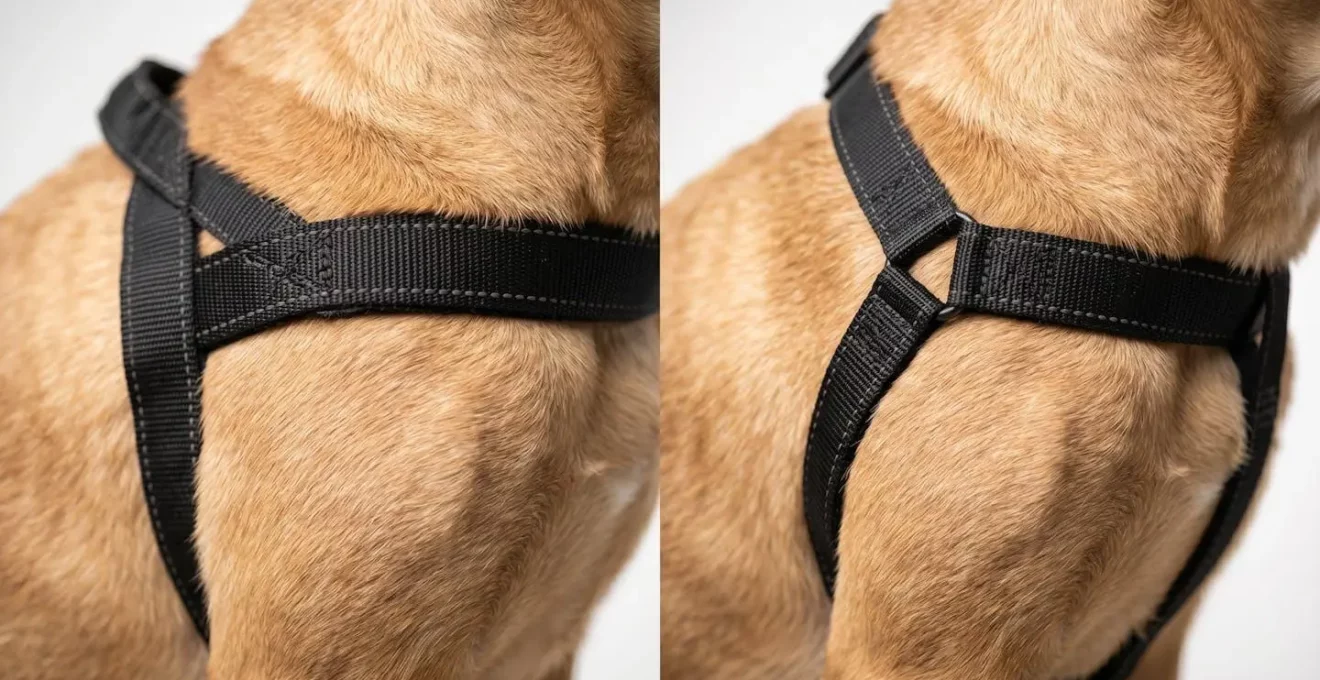 Détail biomécanique de l'articulation scapulo-humérale du chien montrant la différence entre harnais en T et en Y