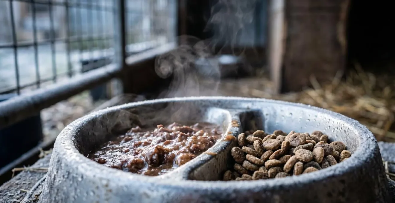 Gros plan sur des gamelles de nourriture pour animaux dans un refuge avec effet de vapeur par temps froid