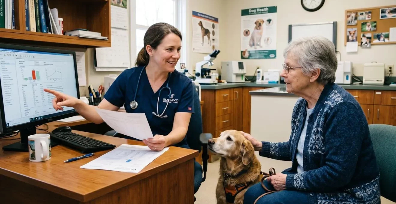Vétérinaire analysant des résultats d'analyses sanguines avec propriétaire de chien senior
