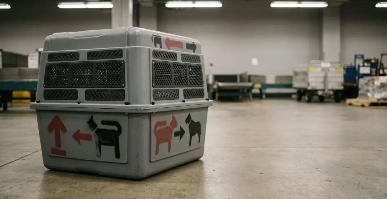 Caisse de transport IATA pour chien avec pictogrammes Animal Vivant visibles, prête pour l'embarquement en soute
