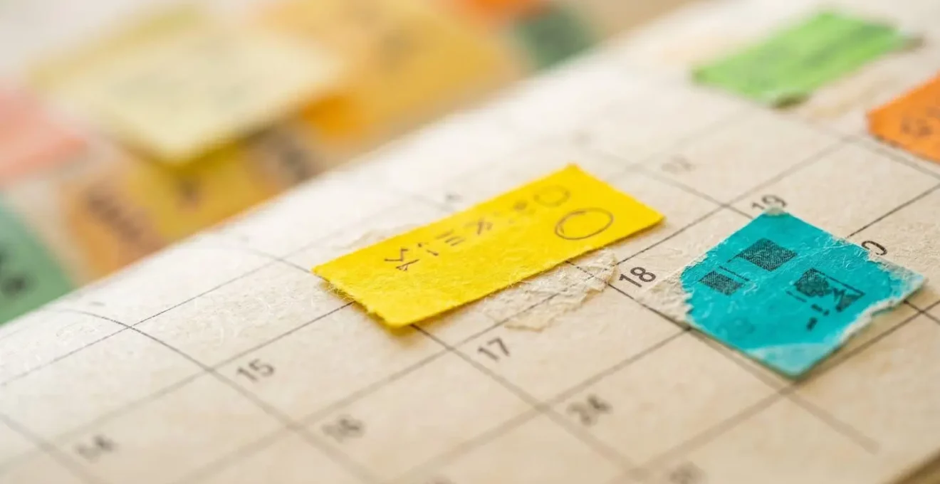 Vue macro d'un calendrier avec marqueurs colorés pour les périodes de forte demande de garde d'animaux