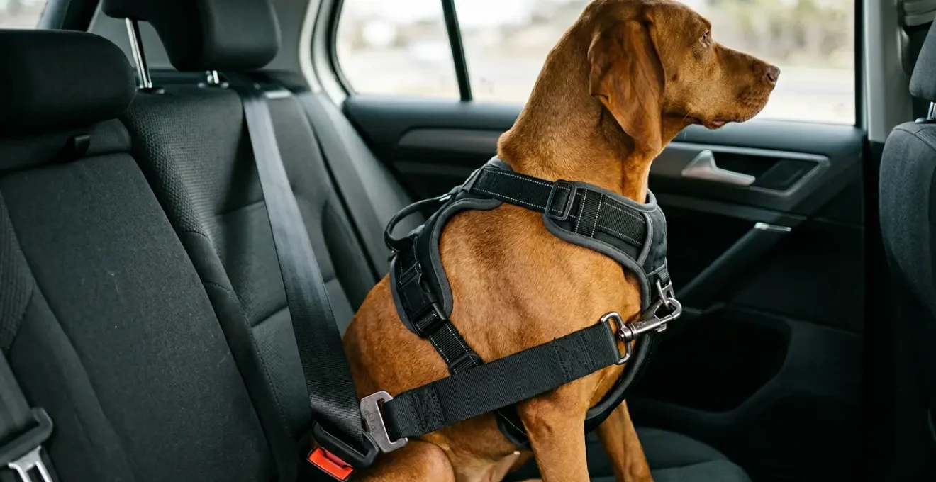 Système de sécurité pour chien dans une voiture avec harnais crash-testé attaché à la ceinture