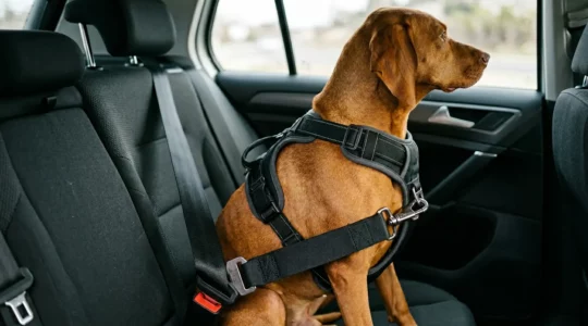 Système de sécurité pour chien dans une voiture avec harnais crash-testé attaché à la ceinture