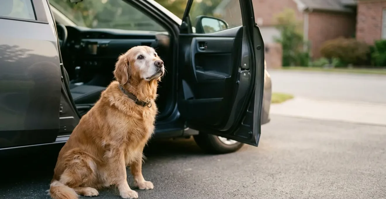 Chien âgé face à un véhicule montrant les défis de mobilité liés à l'arthrose canine