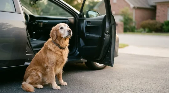 Chien âgé face à un véhicule montrant les défis de mobilité liés à l'arthrose canine