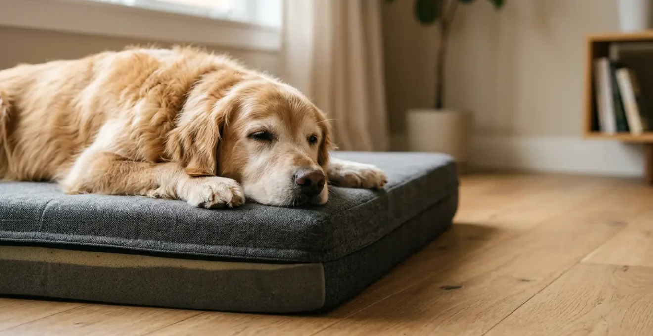 Chien senior reposant paisiblement sur un matelas orthopédique adapté à ses articulations