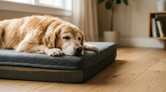 Chien senior reposant paisiblement sur un matelas orthopédique adapté à ses articulations