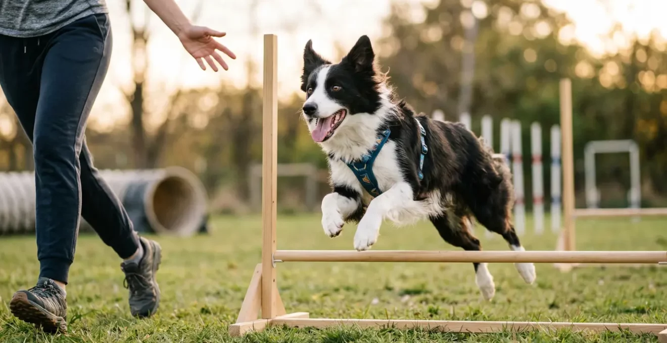 Chien concentré franchissant un obstacle d'agility avec joie et complicité