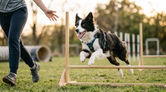 Chien concentré franchissant un obstacle d'agility avec joie et complicité