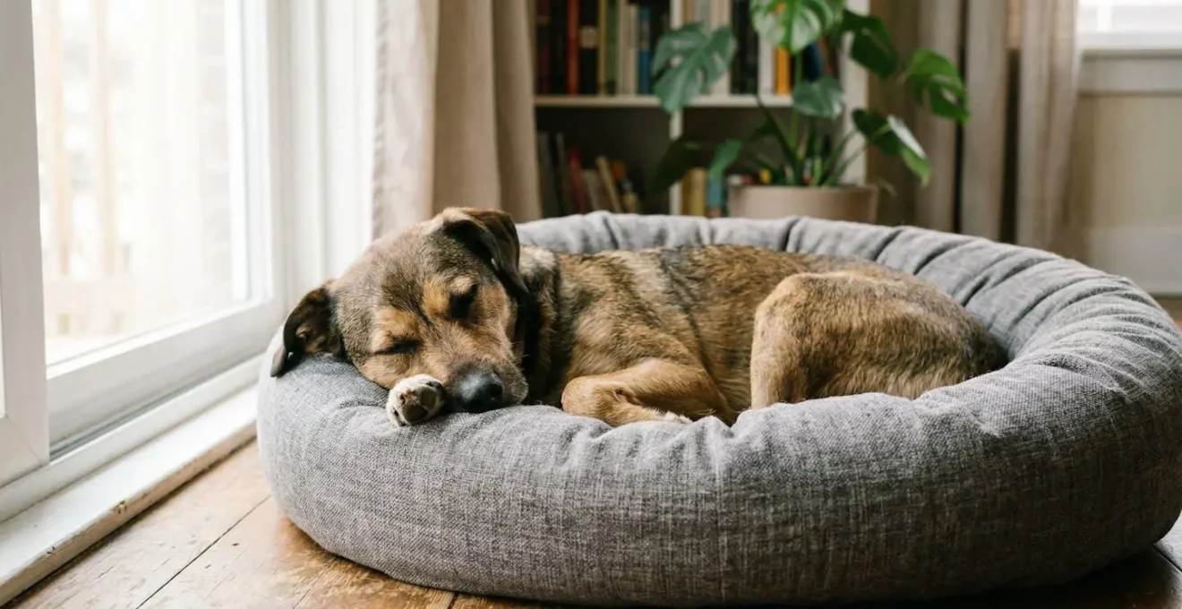 Chien anxieux se reposant paisiblement dans un panier donut apaisant avec rebords surélevés