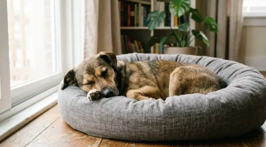 Chien anxieux se reposant paisiblement dans un panier donut apaisant avec rebords surélevés