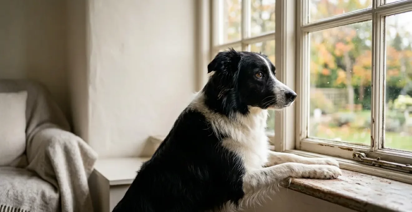 Chien inquiet regardant par la fenêtre en attendant le retour de son maître