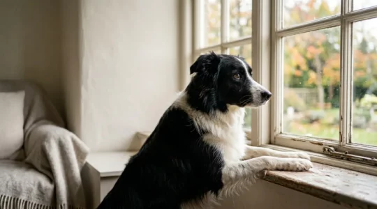 Chien inquiet regardant par la fenêtre en attendant le retour de son maître
