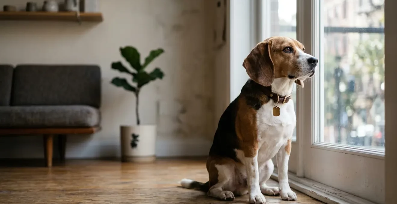Chien de taille moyenne dans un environnement urbain attendant sa sortie pour préserver sa santé urinaire