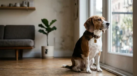 Chien de taille moyenne dans un environnement urbain attendant sa sortie pour préserver sa santé urinaire