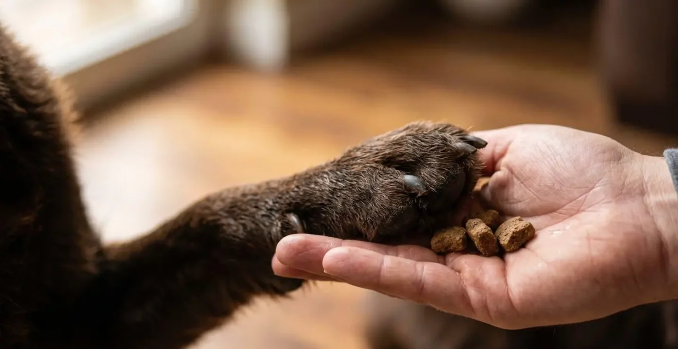 Gros plan sur les pattes d'un chien et la main d'un maître effectuant un échange de friandises lors d'un exercice d'éducation