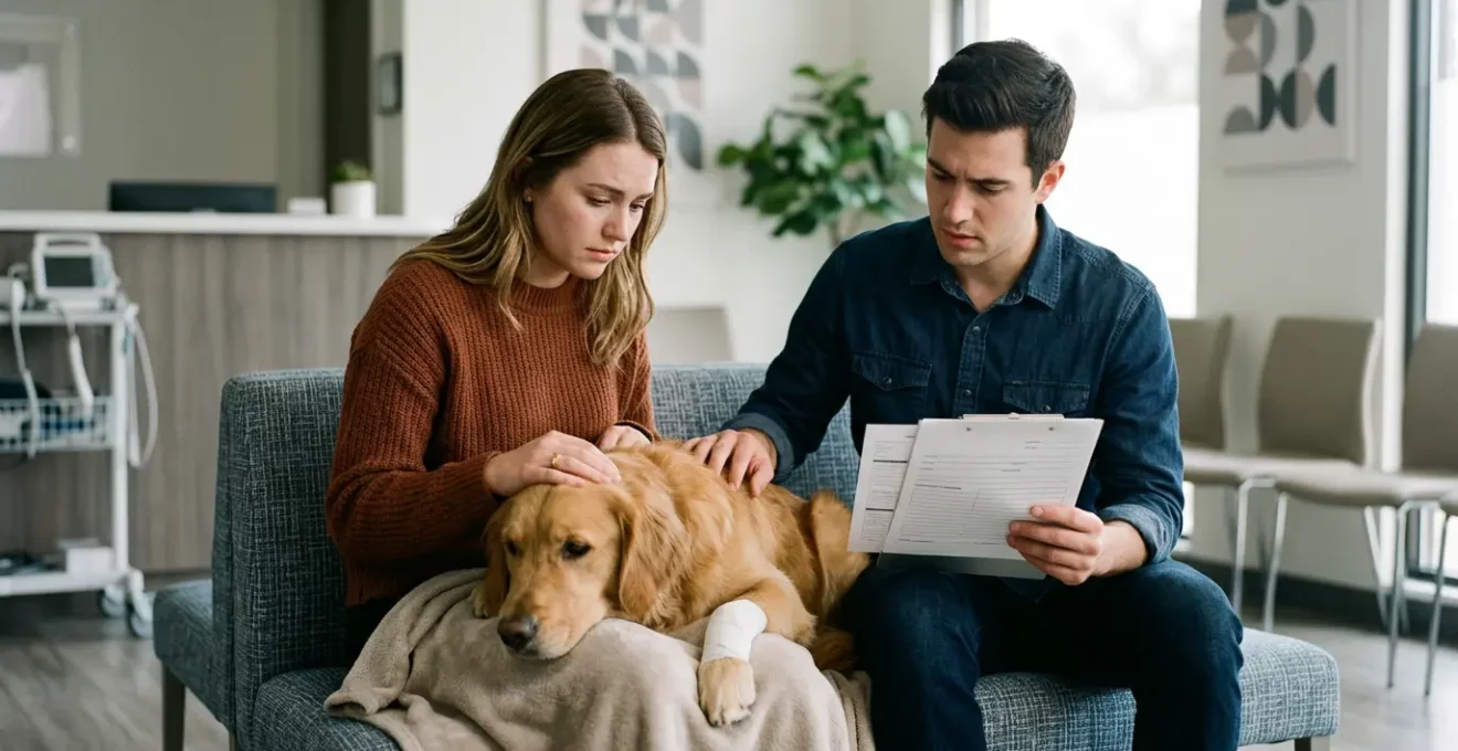 Une famille auprès de son chien blessé dans une salle d'attente vétérinaire, atmosphère douce avec lumière naturelle