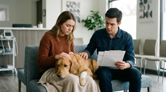 Une famille auprès de son chien blessé dans une salle d'attente vétérinaire, atmosphère douce avec lumière naturelle