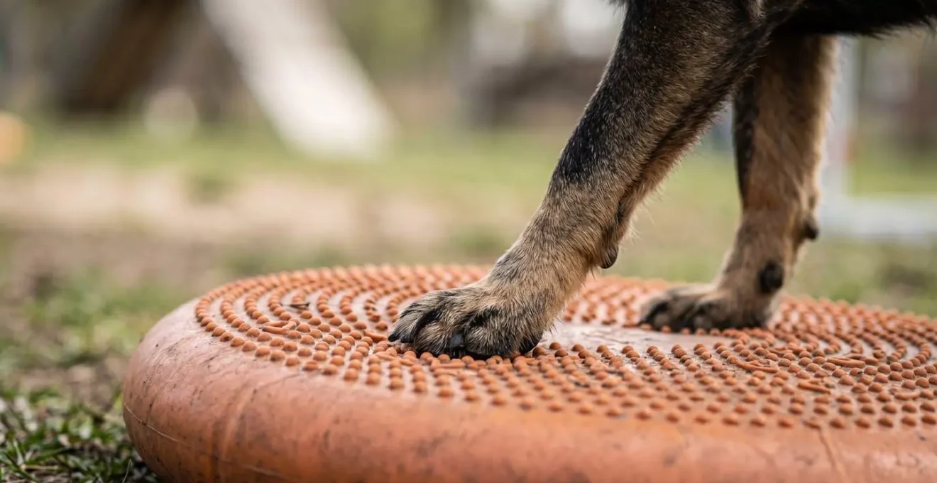 Chien en exercice de proprioception sur coussin d'équilibre instable