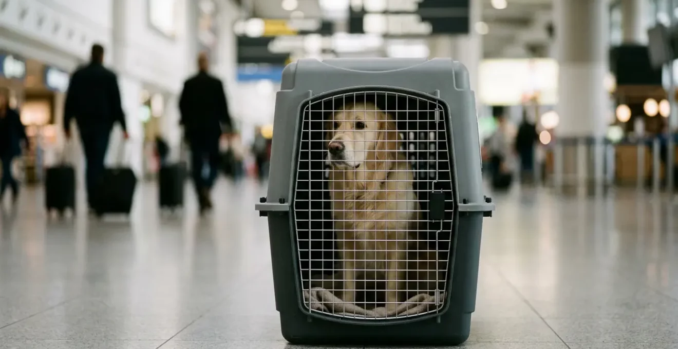 Un chien tranquille à l'intérieur d'une caisse de transport homologuée IATA à l'aéroport, prêt pour un voyage en avion
