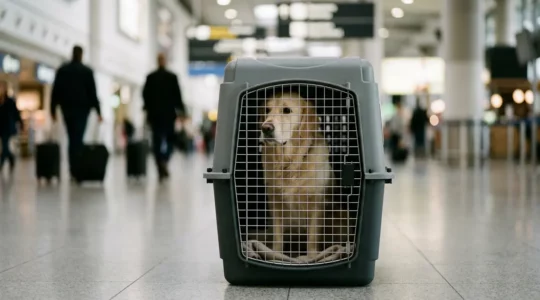 Un chien tranquille à l'intérieur d'une caisse de transport homologuée IATA à l'aéroport, prêt pour un voyage en avion