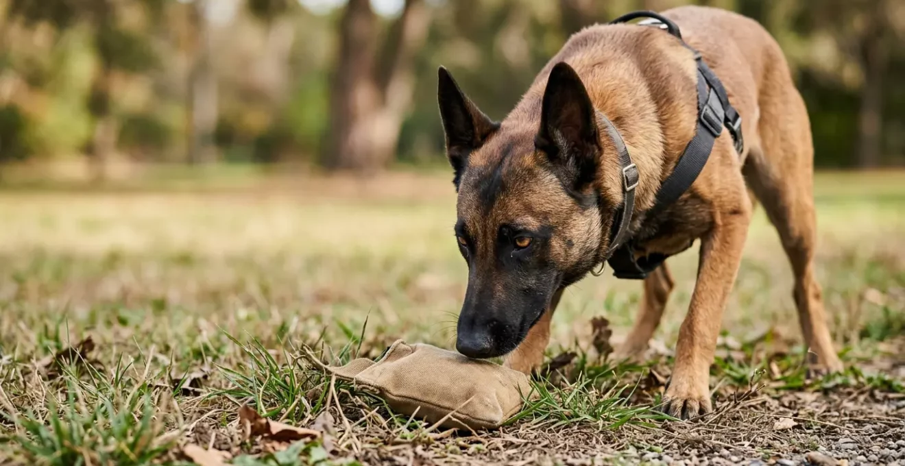 Chien concentré utilisant son odorat lors d'une activité de détection olfactive
