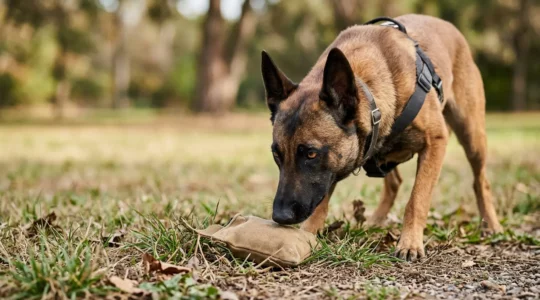 Chien concentré utilisant son odorat lors d'une activité de détection olfactive