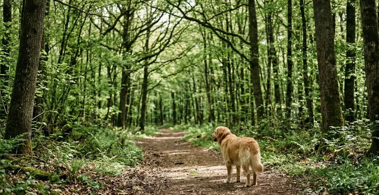 Chien en promenade dans une forêt française, illustration de la réglementation sur la liberté et la laisse