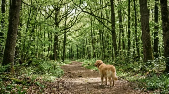 Chien en promenade dans une forêt française, illustration de la réglementation sur la liberté et la laisse