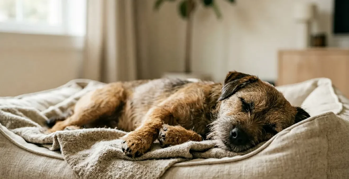Chien adulte dormant paisiblement sur le côté avec les pattes légèrement tremblantes pendant le sommeil paradoxal