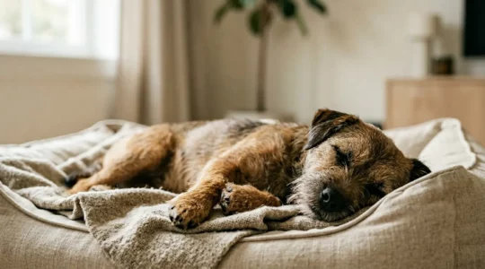 Chien adulte dormant paisiblement sur le côté avec les pattes légèrement tremblantes pendant le sommeil paradoxal