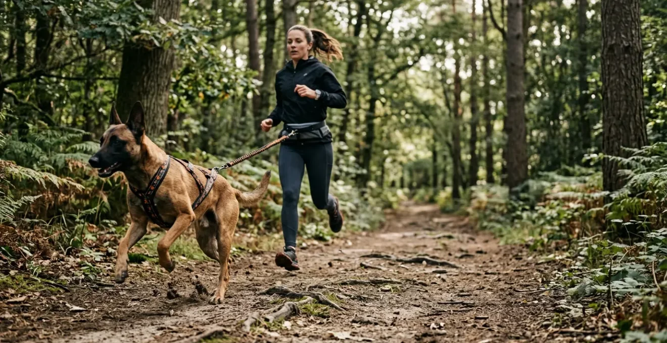 Chien équipé pour le canicross en action sur un sentier forestier