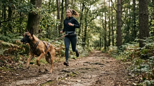 Chien équipé pour le canicross en action sur un sentier forestier