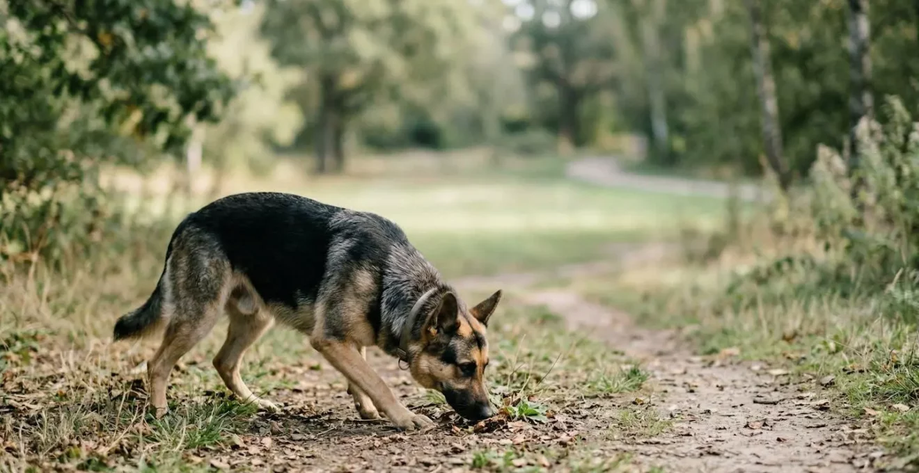 Chien concentré explorant son environnement lors d'une promenade enrichissante