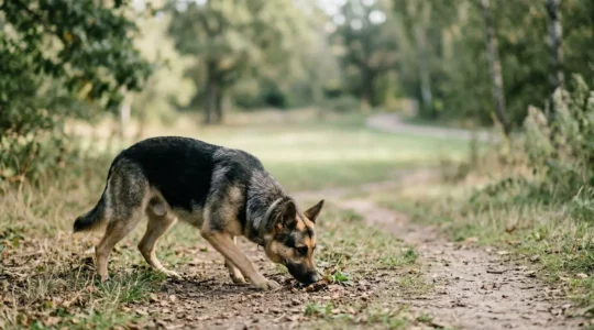 Chien concentré explorant son environnement lors d'une promenade enrichissante