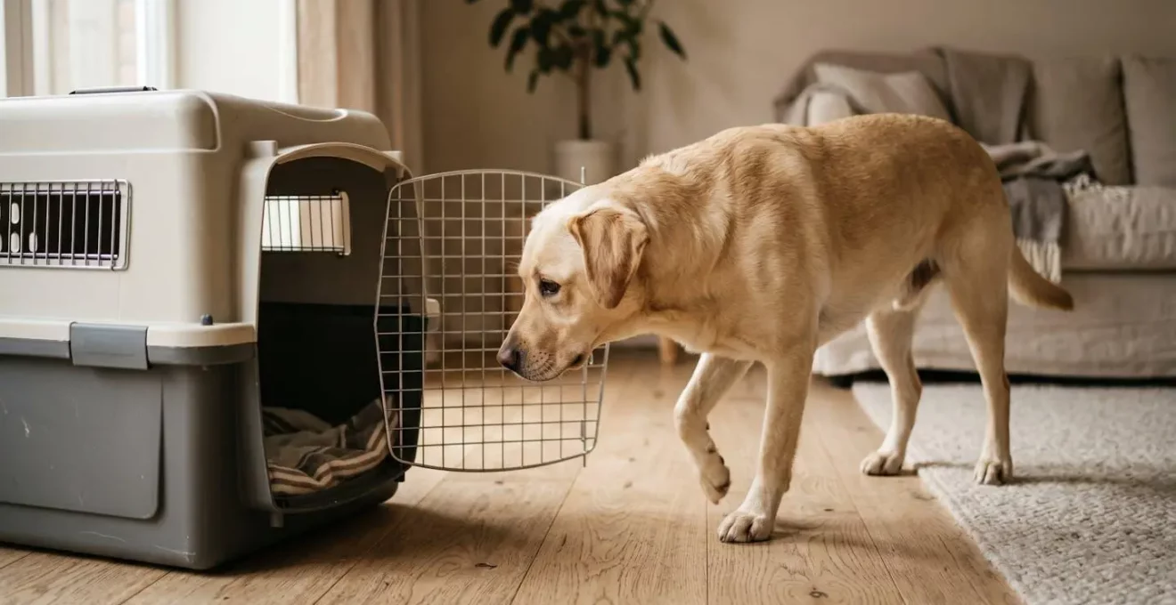 Chien découvrant progressivement une caisse de transport dans un environnement rassurant