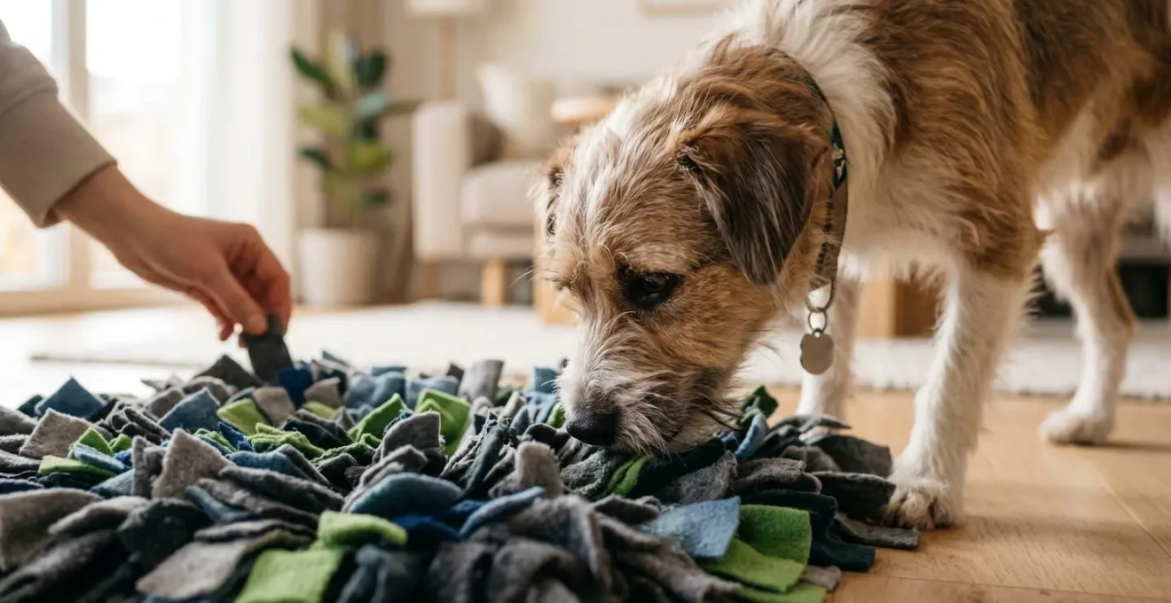 Chien concentré pratiquant un exercice de recherche olfactive à l'intérieur d'un appartement