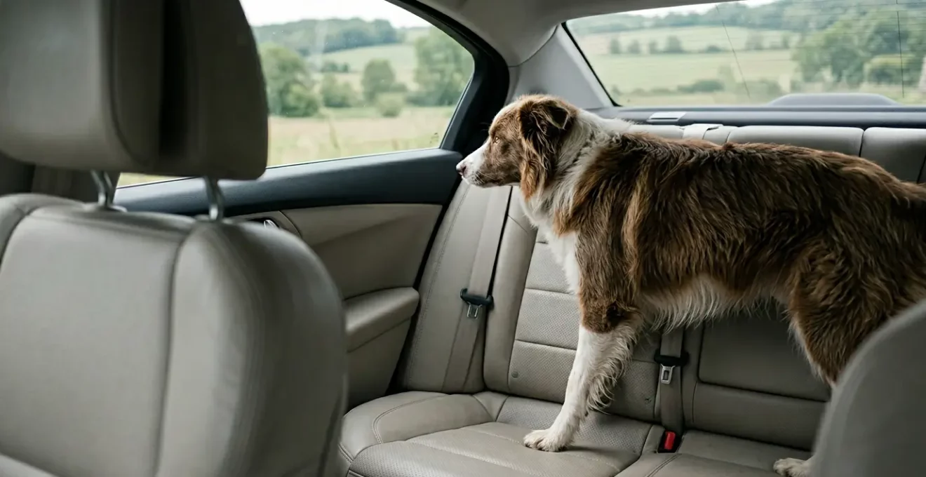 Vue intérieure d'une voiture où un chien non attaché représente un risque en cas de freinage brusque