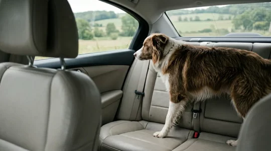 Vue intérieure d'une voiture où un chien non attaché représente un risque en cas de freinage brusque