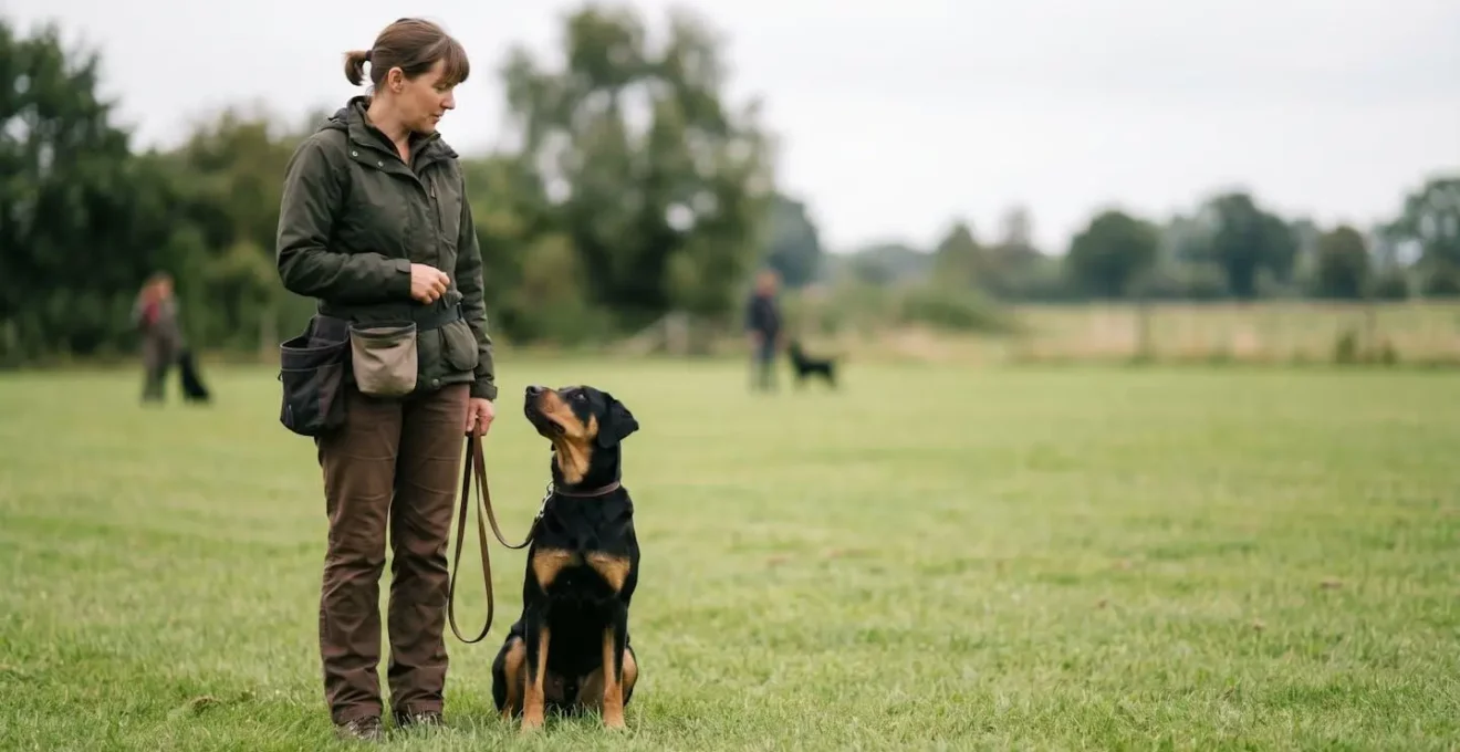 Binôme maître-chien démontrant contrôle et sérénité lors d'une évaluation