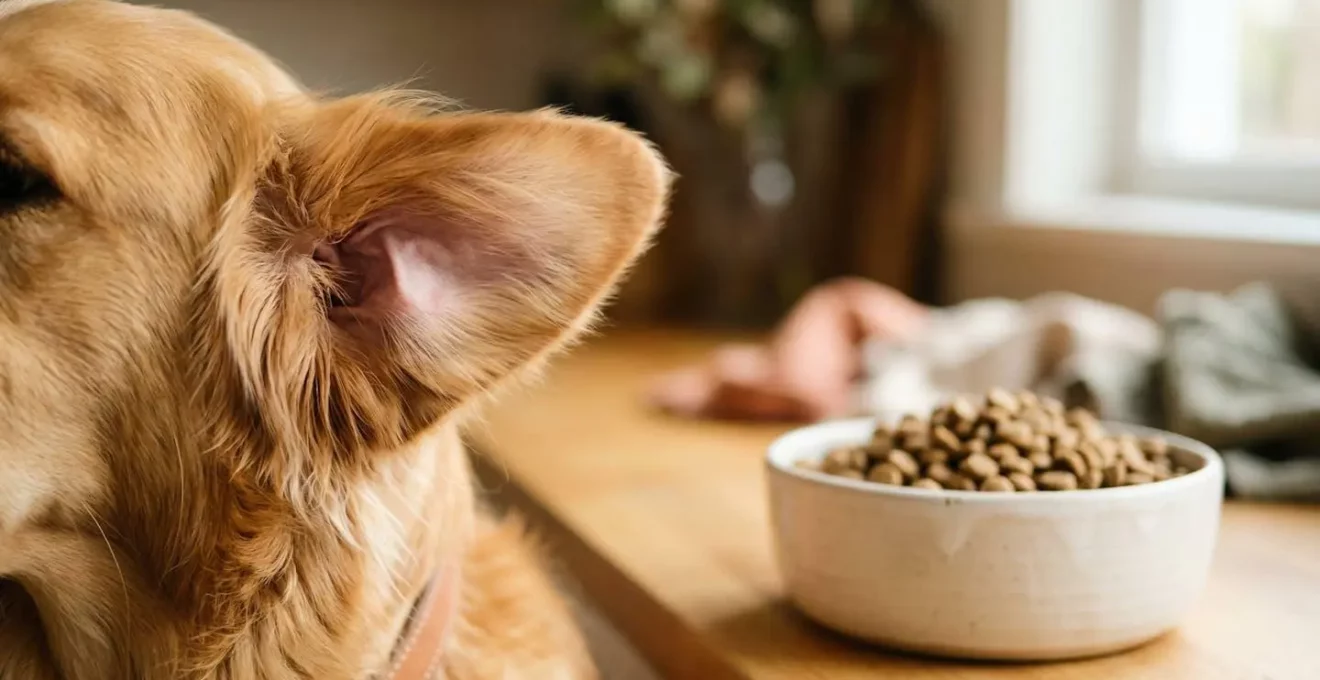 Gros plan sur les oreilles d'un chien avec un bol de croquettes en arrière-plan illustrant le lien entre alimentation et santé auriculaire