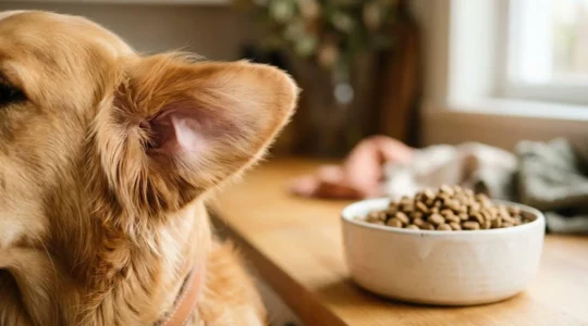 Gros plan sur les oreilles d'un chien avec un bol de croquettes en arrière-plan illustrant le lien entre alimentation et santé auriculaire
