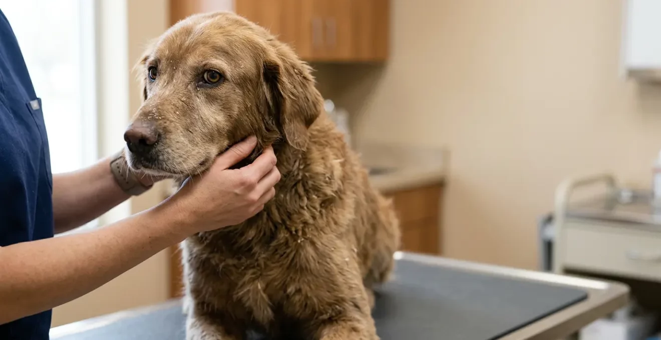 Chien avec poil terne nécessitant soins dermatologiques vétérinaires