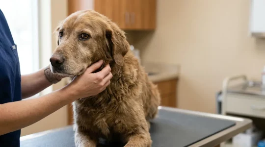 Chien avec poil terne nécessitant soins dermatologiques vétérinaires