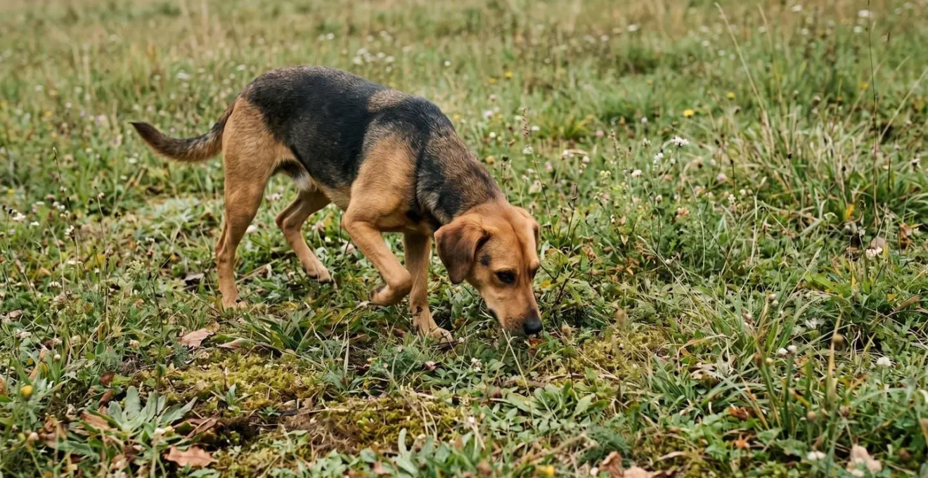Chien suivant une piste olfactive au sol dans un environnement naturel
